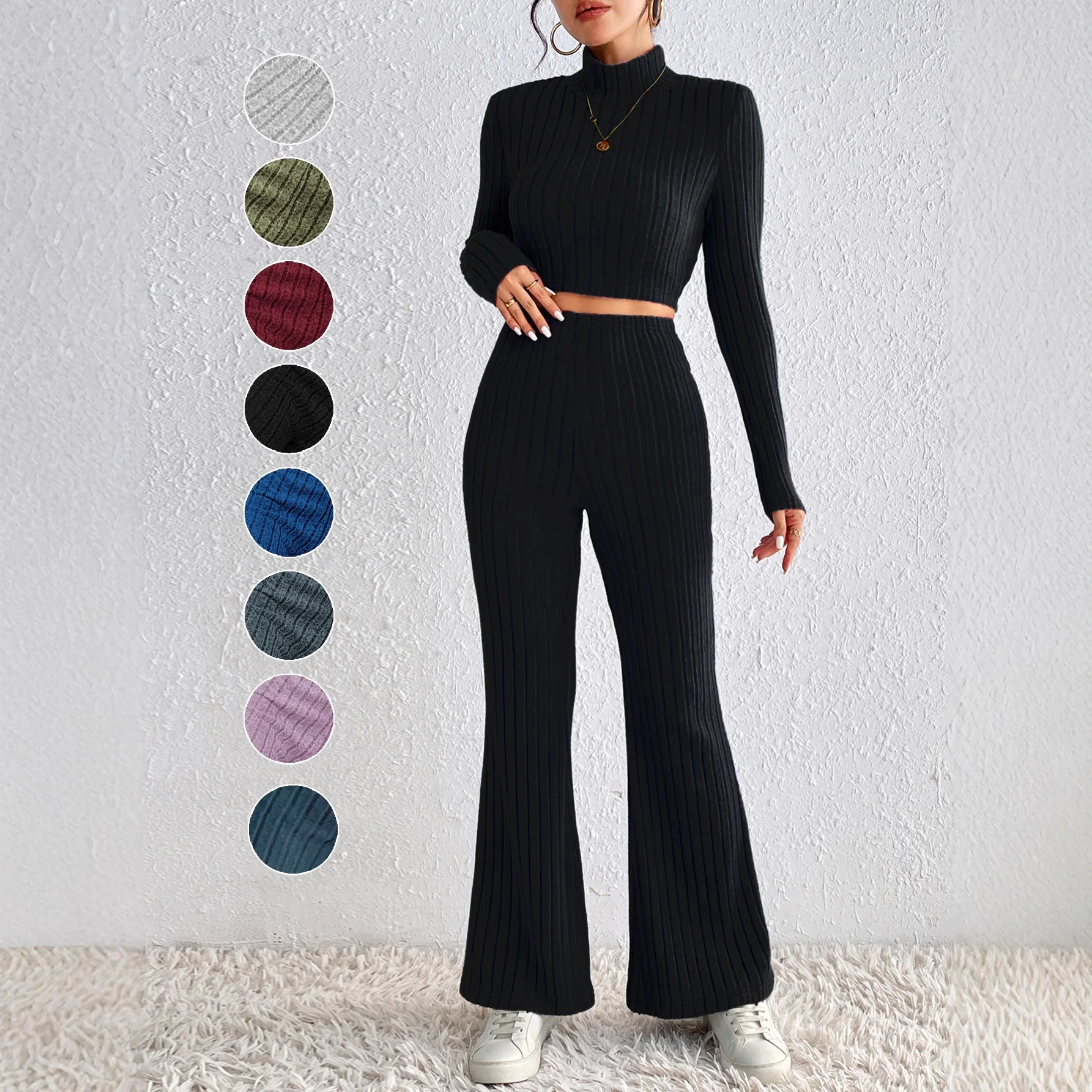 New Tight-fitting Fashionable Solid Color Suit With Long Sleeves, Half-high Collar Knit Top And Long Pants For Women Elegant