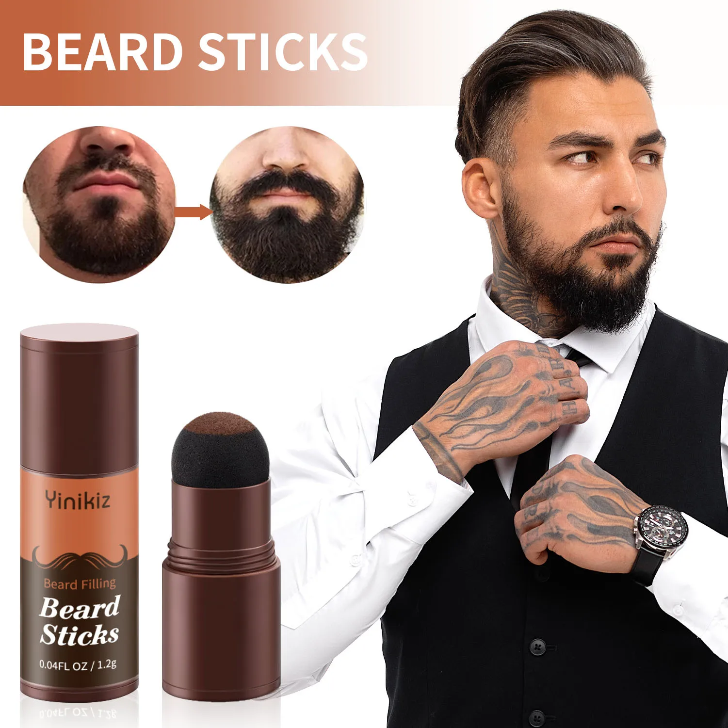 

3 In 1 Beard Shaping Pen Brush Lasting Waterproof Men's Beard Filling Powder Pen Natural Gentle Look For Man Mustache Styling