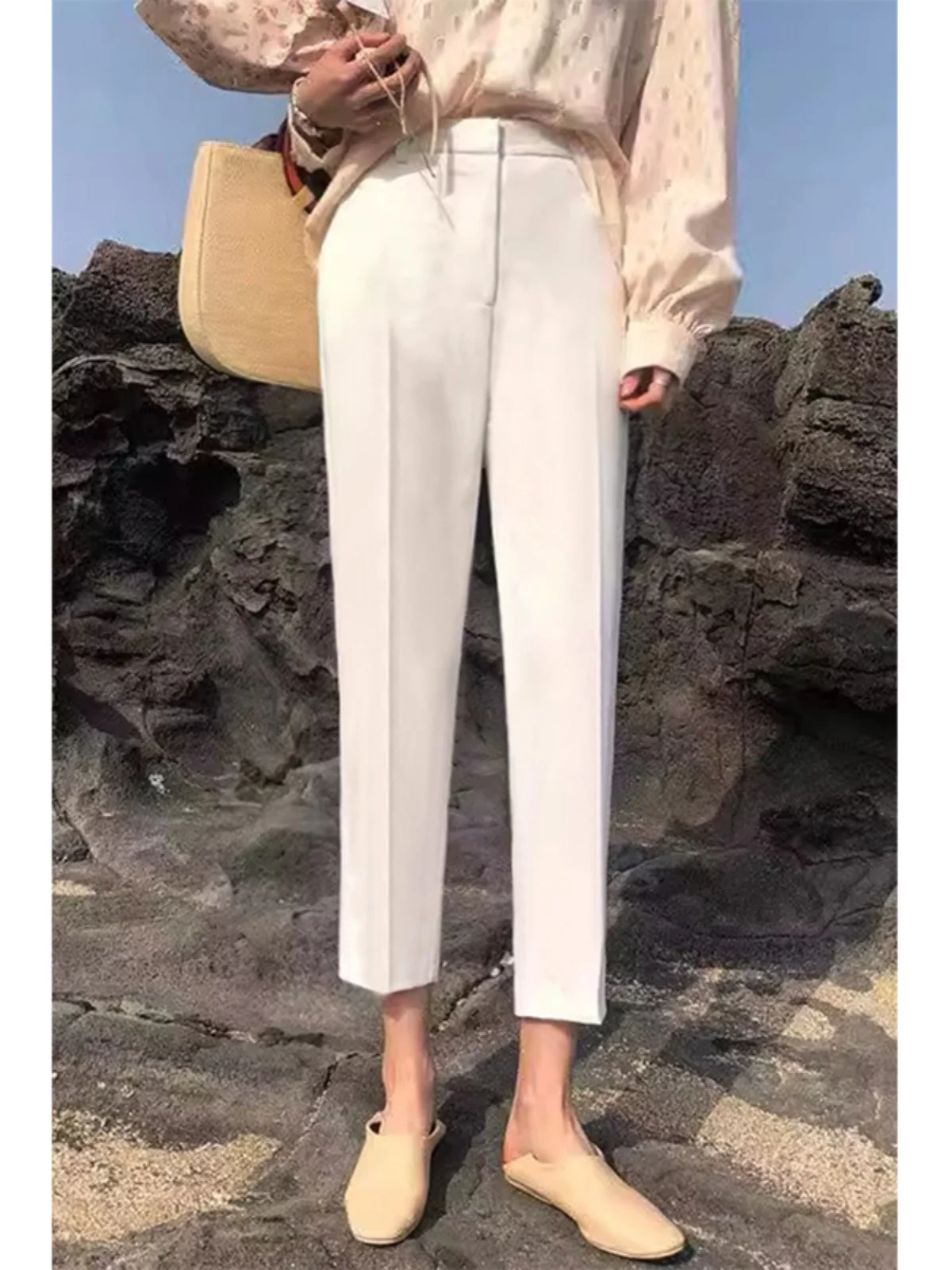 Calças de Alfaiataria Brancas de Cintura Alta Femininas, Novidade Primavera Outono, com Caimento Elegante, para o Trabalho, Entrevistas e Uso Profissional, Calças Cropped