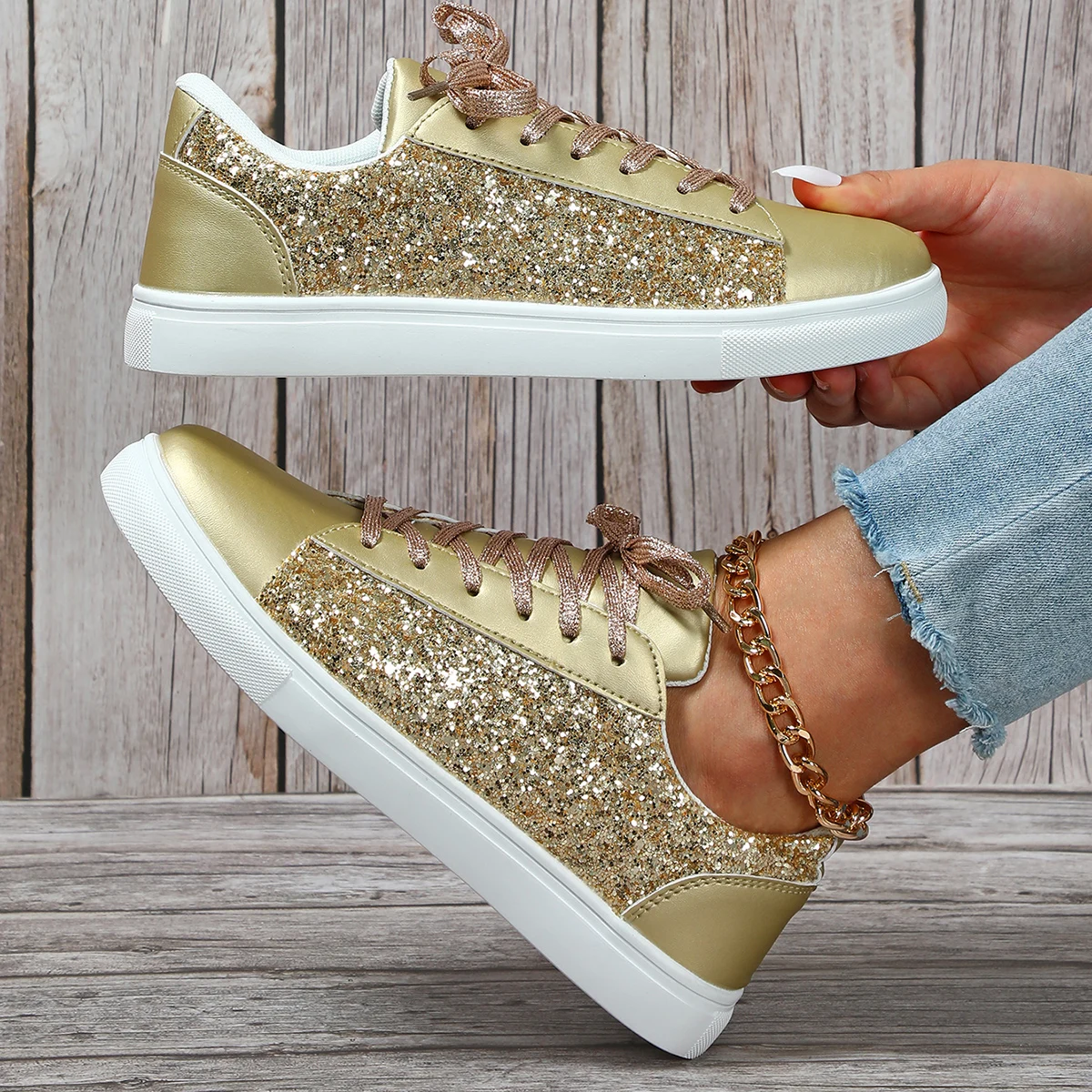 Women's Men's Casual Shoes Fashion Sequins Bling Skateboard Lace Up Sneakers Spring Autumn Female Footwear Flats Plus Size 35~44