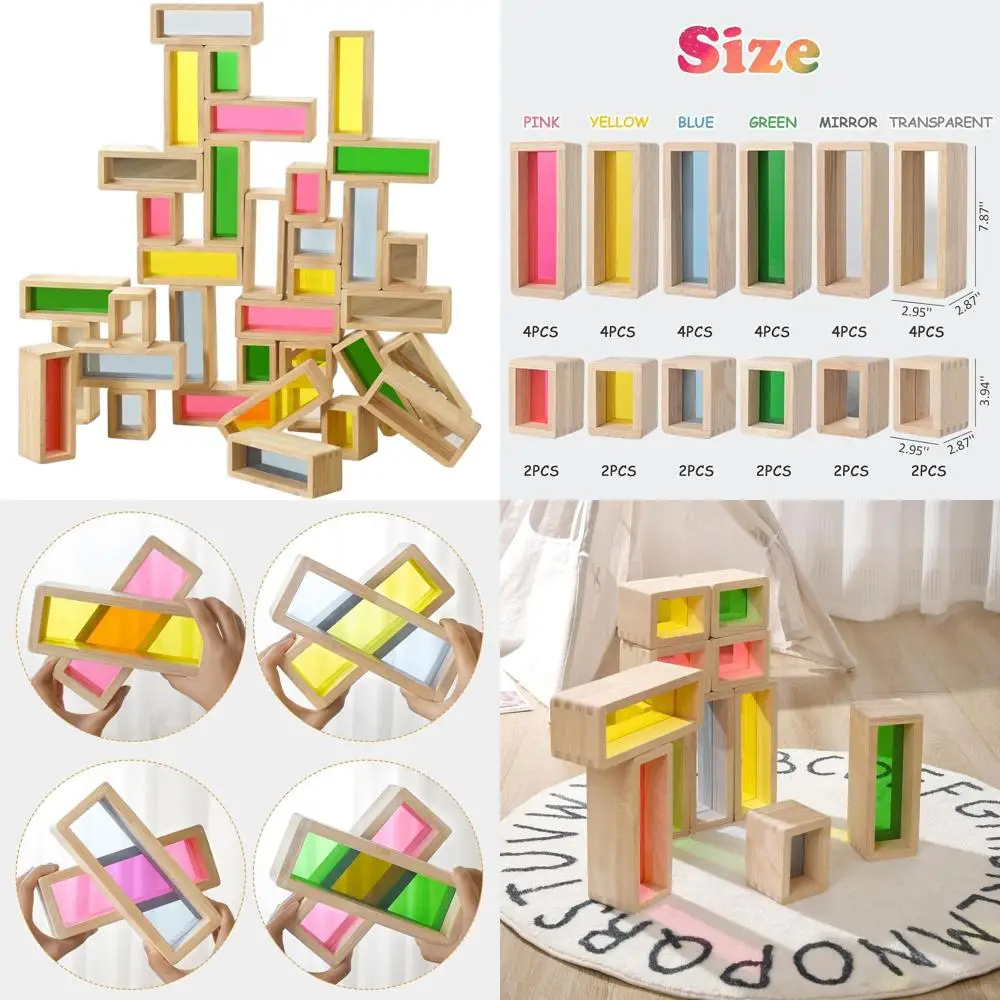 บล็อกหน้าต่างสีรุ้งสำหรับเด็กเล็ก 36 ชิ้น: ของเล่นเสริมพัฒนาการแบบมอนเตสซอรี่สำหรับการเรียนรู้ STEM และการเรียงซ้อนสำหรับเด็ก