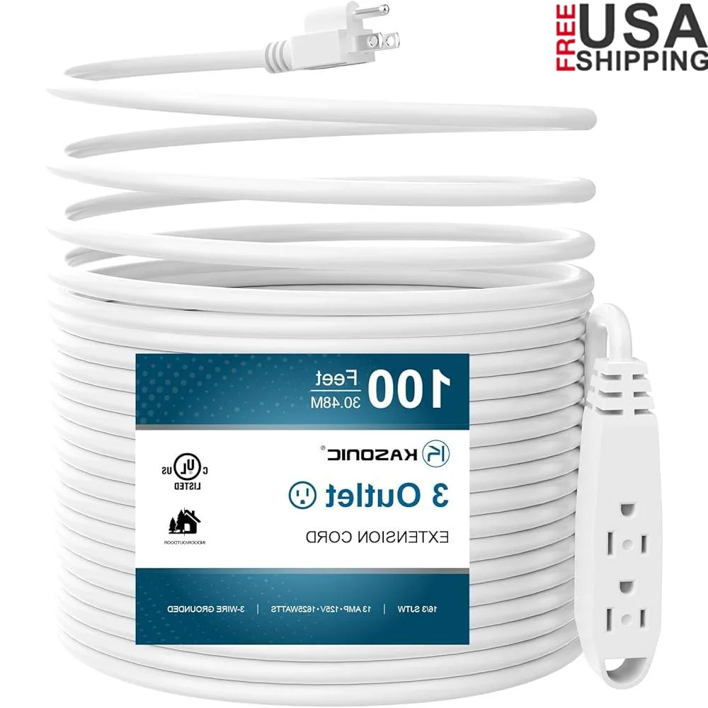 

100FT 3 Outlet Extension Cord Heavy Duty UL Listed Grounded 10 Amp Power Cable Indoor Outdoor Use