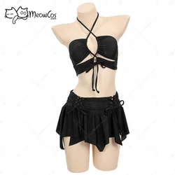 MEOWCOS Women Gothic Vintage Black Two-Piece Swimwear Set Black Halter Top and Mini Skirt