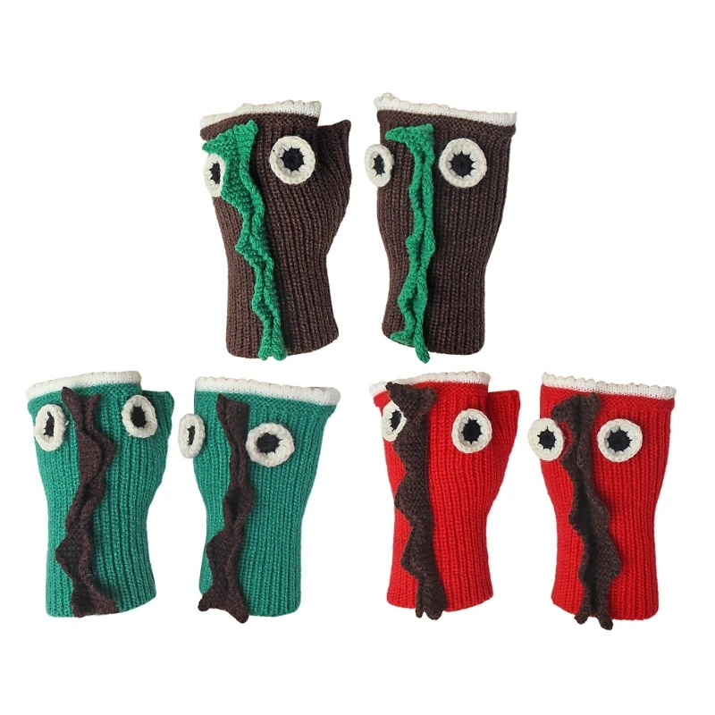 

Lovely Knitted Dinosaur Shape Gloves Girls Boys Winter Stretchy Half Finger Mittens Unisex Thicken Outdoor Cycling Skiing Gloves