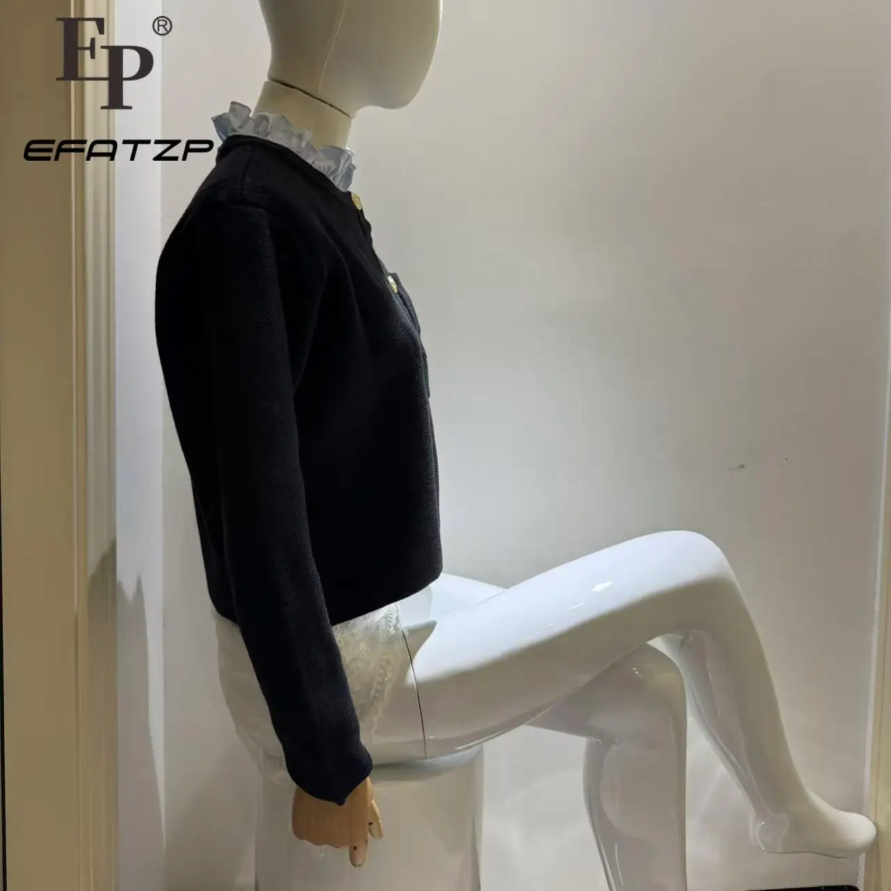 

Embroidery Letter Pocket Women Knit Sweater Coat Stitching Ruffles Collar Long Sleeve New Ladies Knit Cardigan 5220472