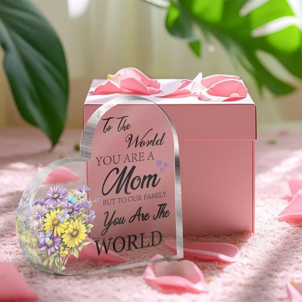 Heart‑Shaped Acrylic Plaque To The World You Are A Mom Purple Yellow Daisies Butterfly Freestanding Sentimental Mom Keepsake Gift