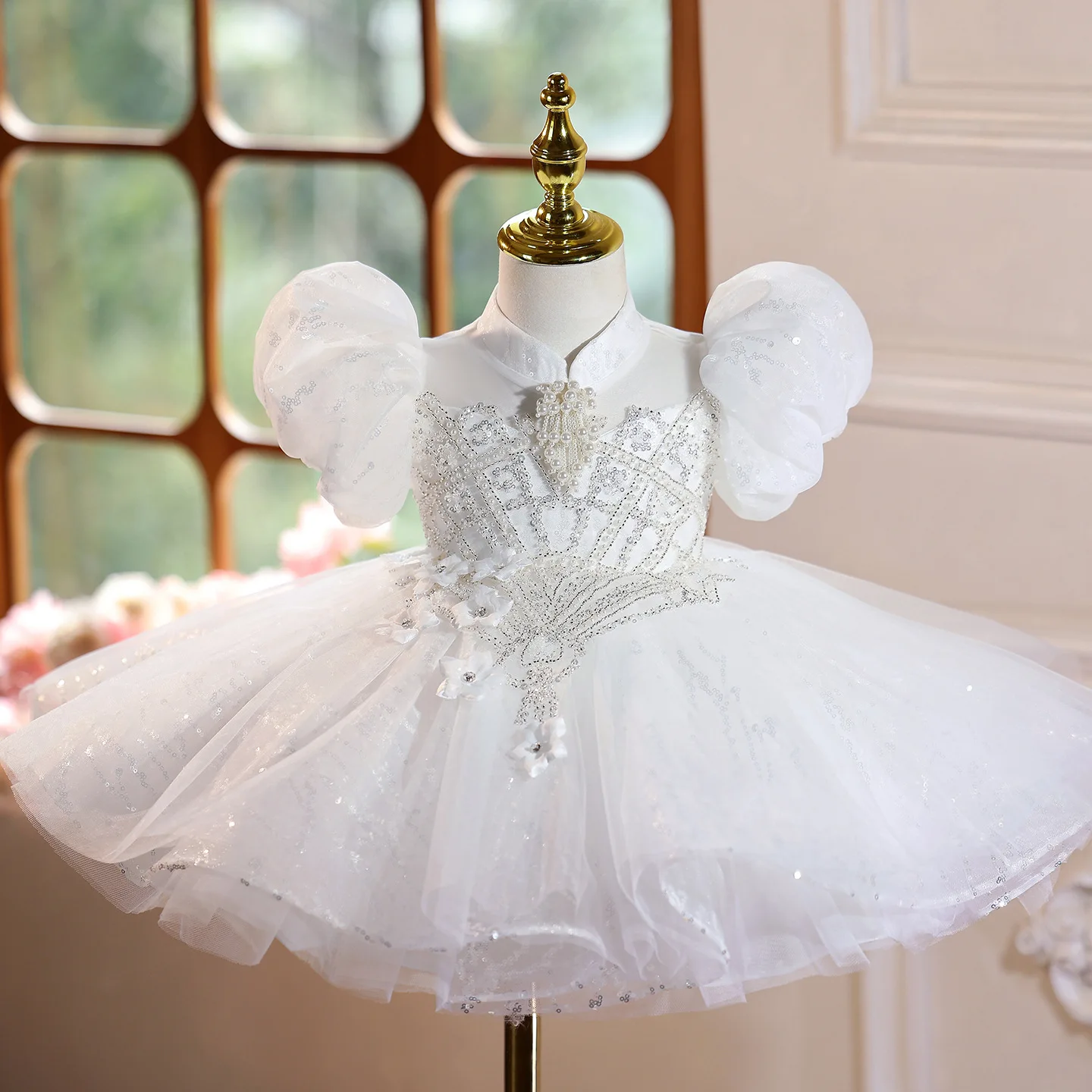 

Flower Girls Wedding White Princess Ball Gown Children Elegant Host Piano Performance Dress y1707