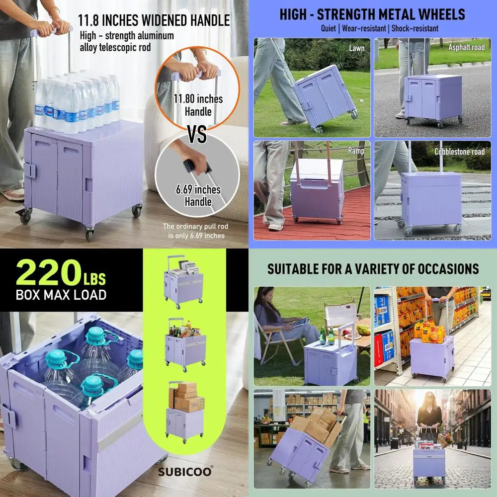 

Collapsible Rolling Shopping Cart with Lid, Purple, for Grocery, Office, and Storage