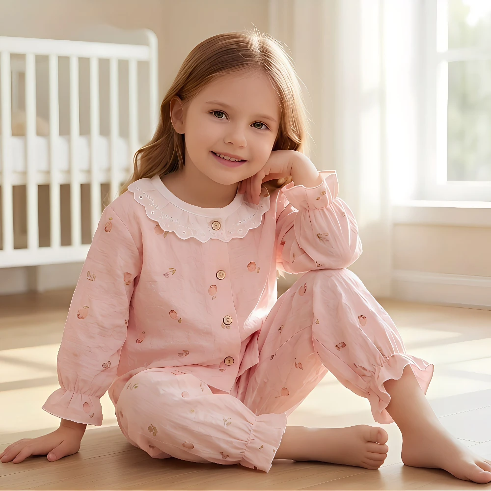 Summer Spring Autumn Kids  Pajamas Sets Girls Long Sleeve Lace Sleepwears Children's Home Clothing Sets in Air-conditioned Room