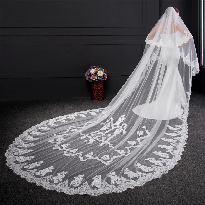 

Real Photos White Ivory One Layer 350cm Lace Cathedral Wedding Veil Bridal Veils Veu De Noiva Longo Com Renda Free Shipping