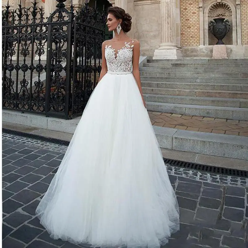 

Appliques Illusion Wedding Dresses Simple Sleeveless Bride Dress A-line Floor-length Plus Size Suknia Slubna Customized