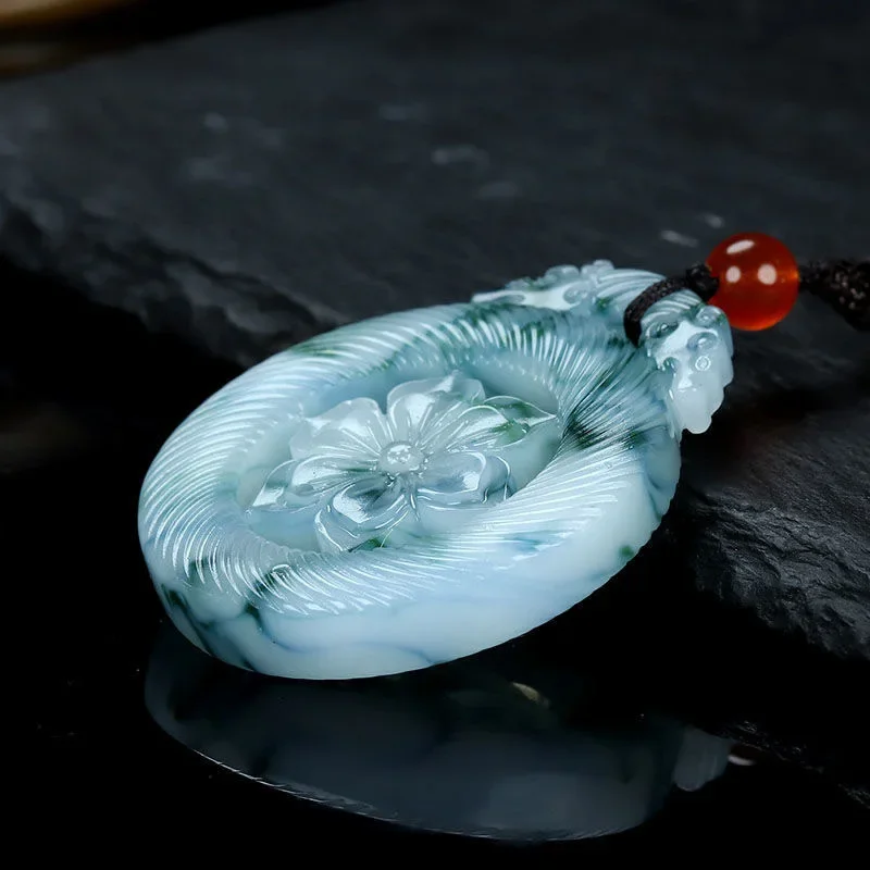 Natural Blue and White Hand Carved Lotus Jade Pendant Fashion Boutique Jewelry Men\'s and Women\'s Flower Rich Necklace Accessorie