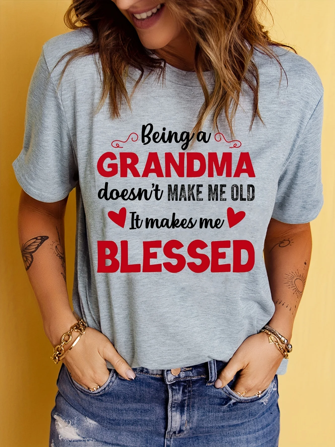 Blessed Grandma Print Women's T-shirt Mother's Day Short Sleeve Crew Neck Casual Top for Spring & Summer Women's Clothing
