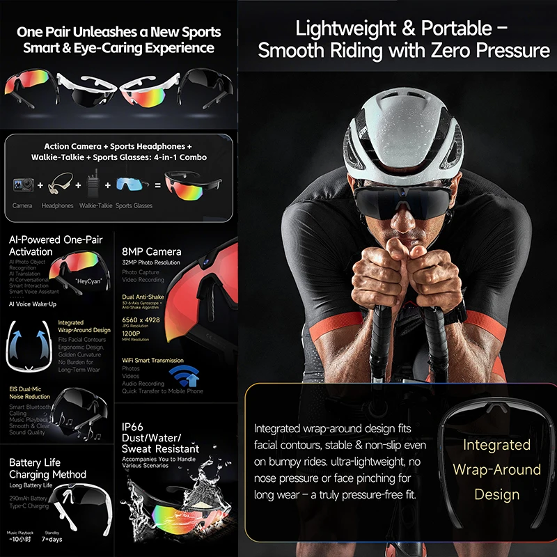 2026 New Smart Glasses Cycling Record 800W HD Camera Photo Video Shooting Anti-Shake Function AI Voice Translation Smart Glasses - view 3