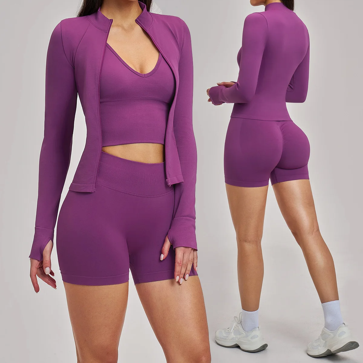 3PCS Yoga Suit Women Seamless Long Sleeved Tracksuit Sports Vest Shorts Leggings Outfit Gym Fitness Workout Clothes Sportswear