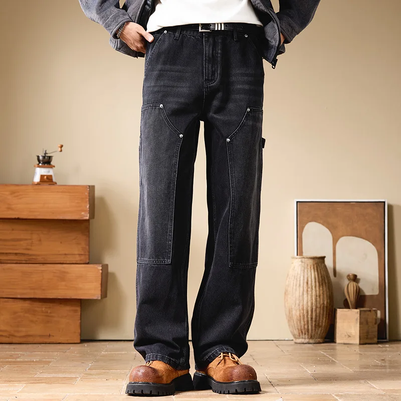 

Men's Autumn Casual Loose Large Size Splice Fashion Black Straight Denim Jeans Pants Japanese Streetwear Jeans Trousers