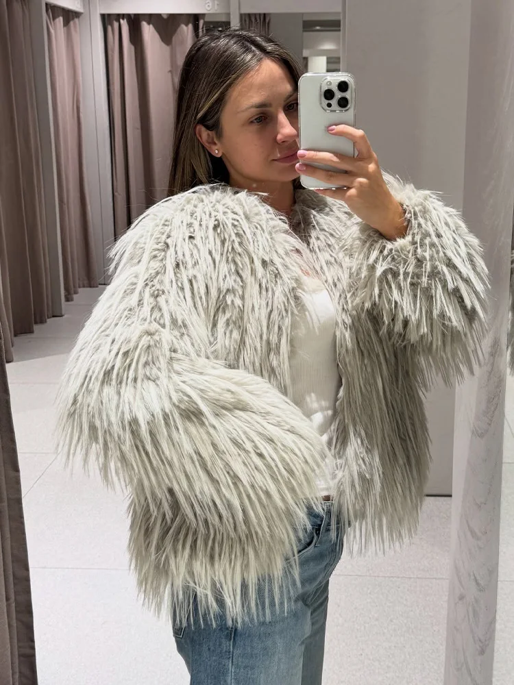HH Women Solid Fashion Natural Imitation Fur Long Sleeve Coat Winter Female O-Neck Warm Pockets Casual Loose Outwear Jacket