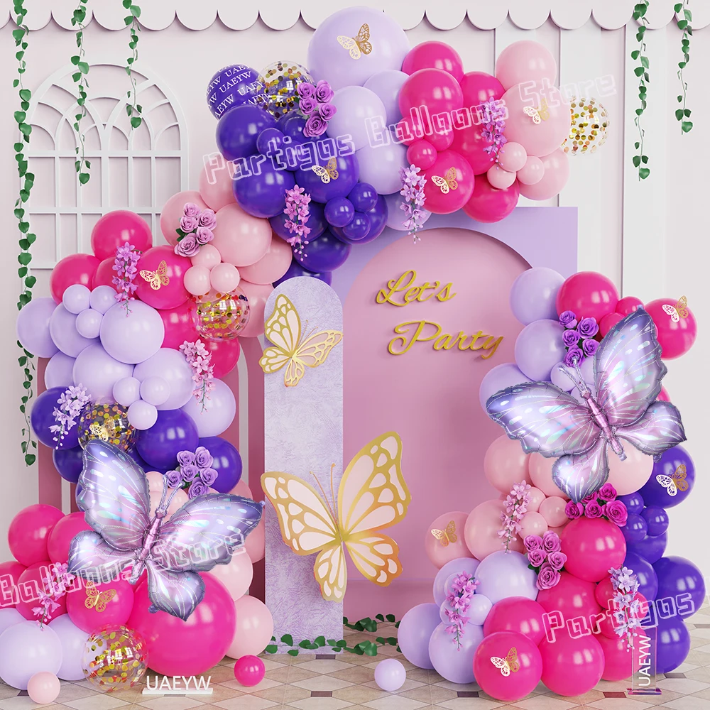 

Hot Pink Purple Pastel Balloon Garland Kit Confetti Flower Butterfly Foil Balloon Mother's Day Baby Shower Birthday Party Decor