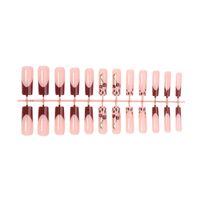 24 faux ongles carrés en forme de cerise léopard cool et sucrés, design français européen américain, ongles à presser pour les filles épicées, art des ongles
