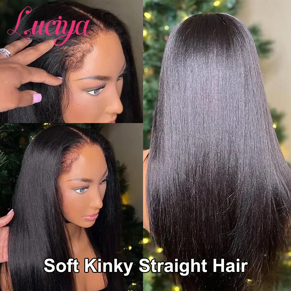 4C Edges Hairline Kinky Straight 13x4 Lace Front Wig Human Hair Transparent Yaki Straight Lace Frontal Wig  With Curly Baby Hair