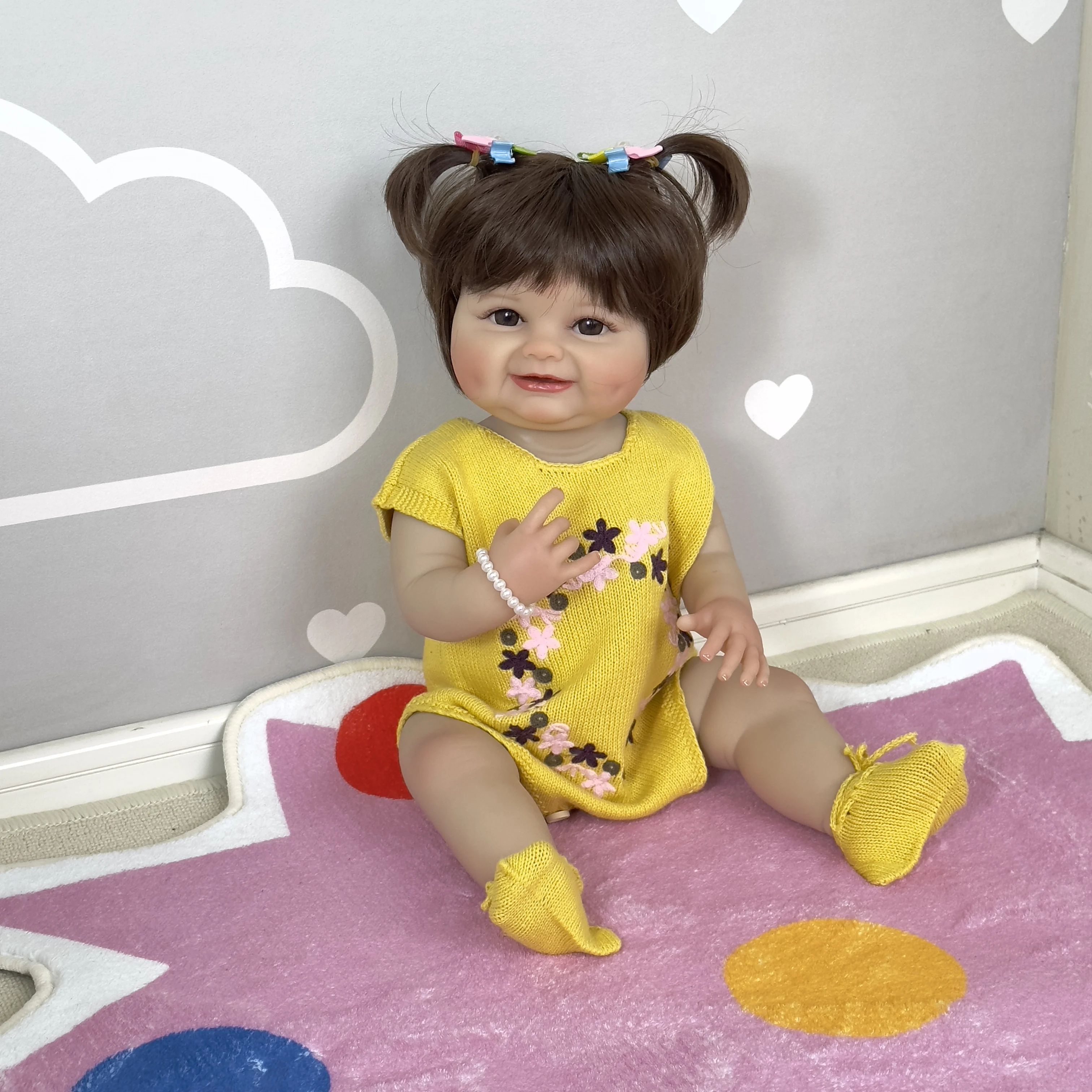 SINO-BB 21inch 55CM Reborn Toddler Smiling Baby Happy Girl Doll Full Body Soft Silicone Lifelike Touch High Quality Doll Gifts