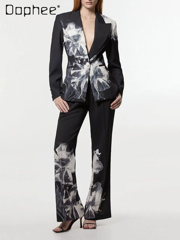 

Уличный ретро персонализированный костюм, модный асимметричный пиджак с v-образным вырезом + прямые брюки с высокой талией, комплекты из 2 предметов, женская одежда