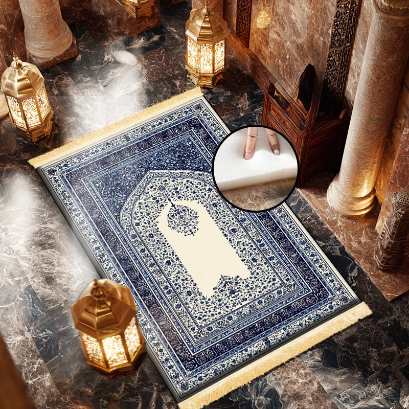 VIKAMA Blue Geometric Prayer Mat Soft and Comfortable with Tassels Prayer Rug for Travel, Home, Pilgrimage Kneeling Prayer Mat