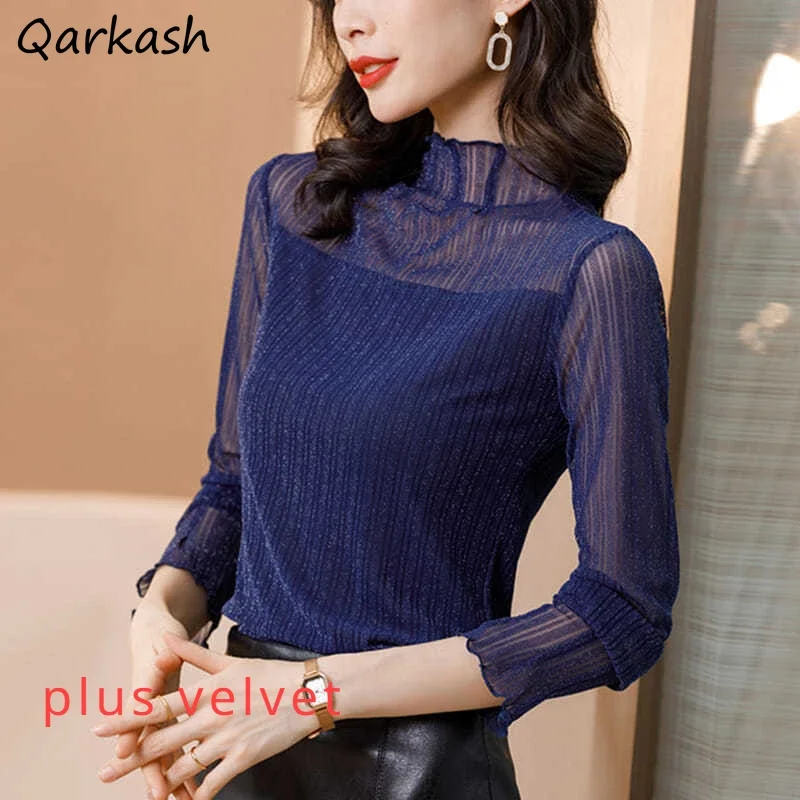 

Mock Neck Blouses Women Mesh Elegant Y2k Tops Korean Fashion Long Sleeve Blusas Womens Clothing All-match Tender Ulzzang Daily