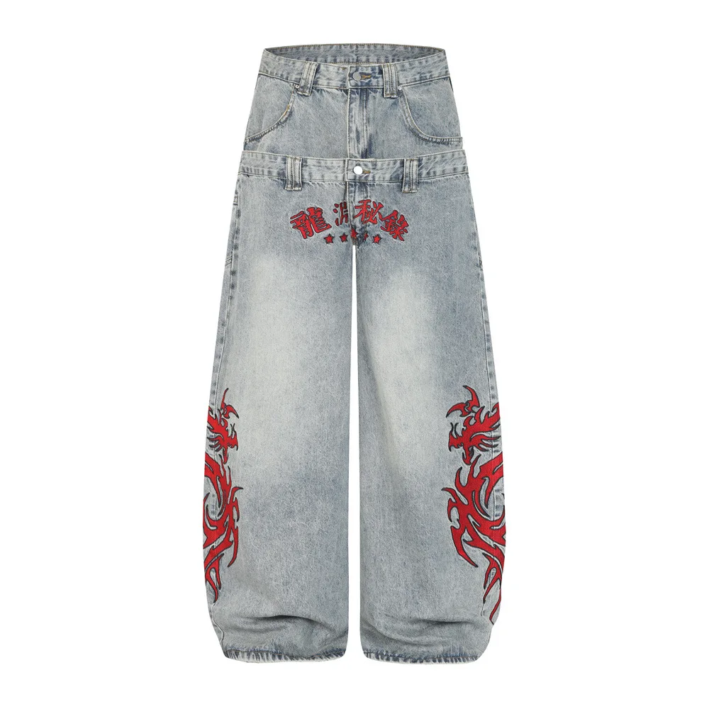Men's Fashion Loose Fit Vibe Style Hip Hop Jeans Pants With Flame Embroidery Streetwear Y2K Denim Trousers Double Waist Design