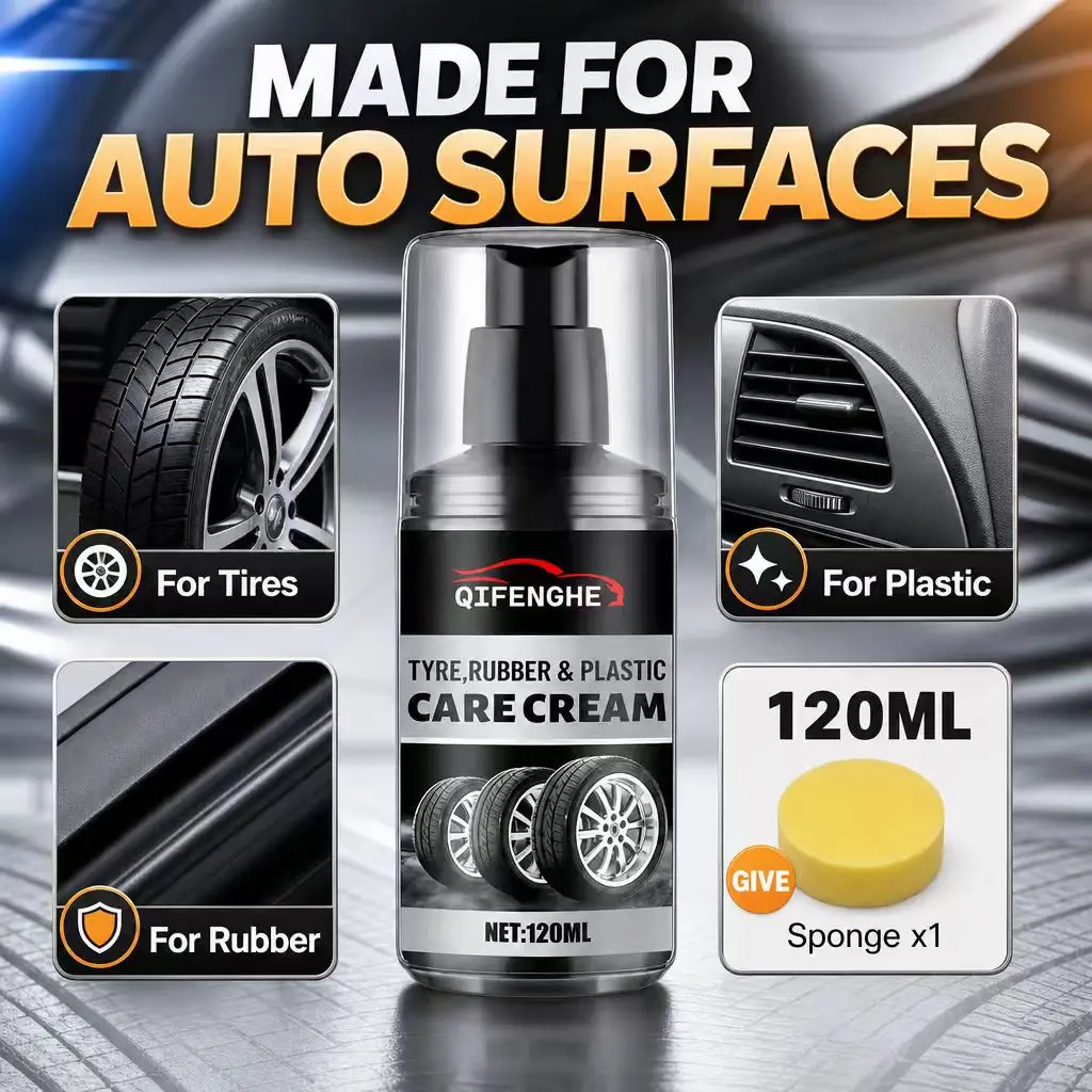 Tyre Rubber Plastic Care Cream 120ml Car Tire Shine Auto Trim Restorer Polish Sponge