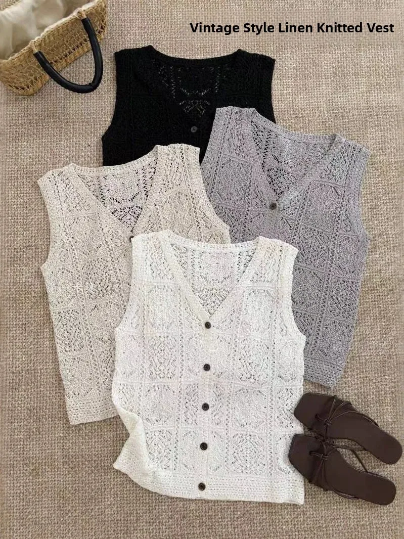 Retro Fashionable Ice Silk Knitted Vest Women's V-Neck Hollow out Summer Top Cardigan A-Line Narrow Shoulder Strap Vest