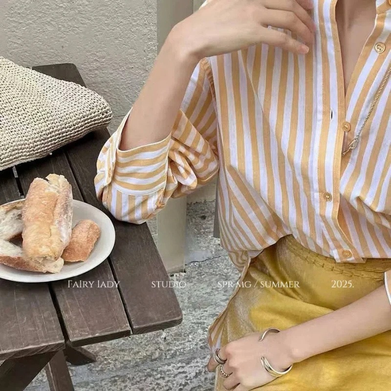 Women's Contrasting Colors Splicing Striped Printing Korean Trend Open Stitch Long Sleeve Orange One Size Long Sleeve T-Shirts