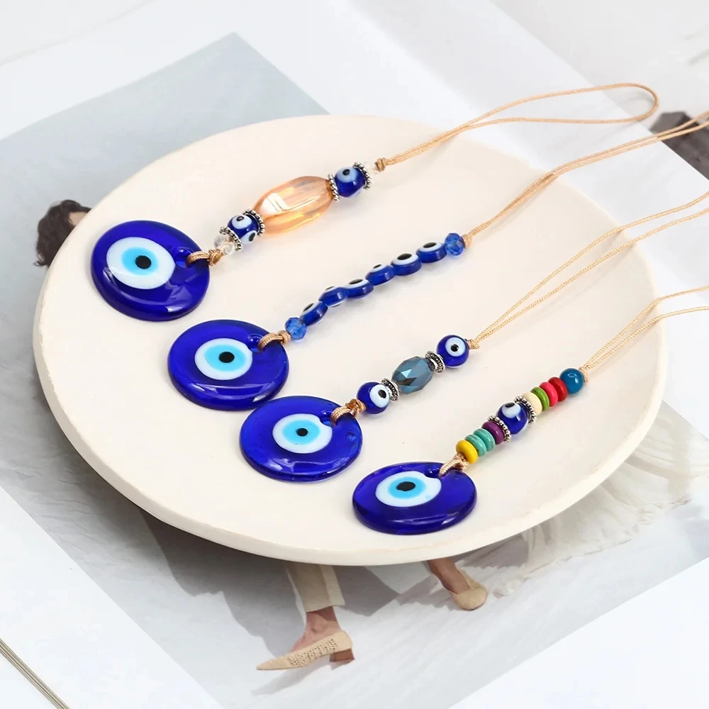 Lucky Eye Braided Rope Cross Heart Tassel Wall Hanging Handmade Blue Turkish Evil Eye Pendant Keyring for Home Living Room Car