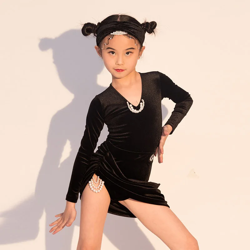 Traje de baile latino para niña, traje de entrenamiento avanzado negro para clima frío, otoño e invierno, 2023