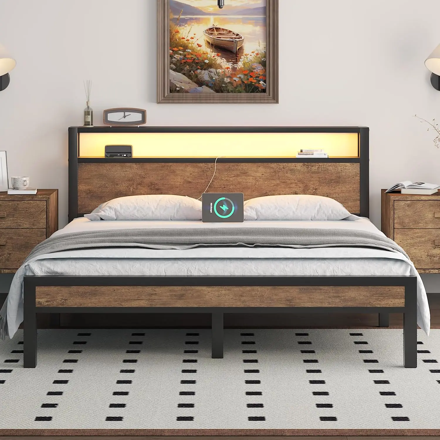 Queen Size Bed Frame with Storage Headboard, Industrial Platform Bed with Charging Station and LED Lights, Heavy Duty, Custom
