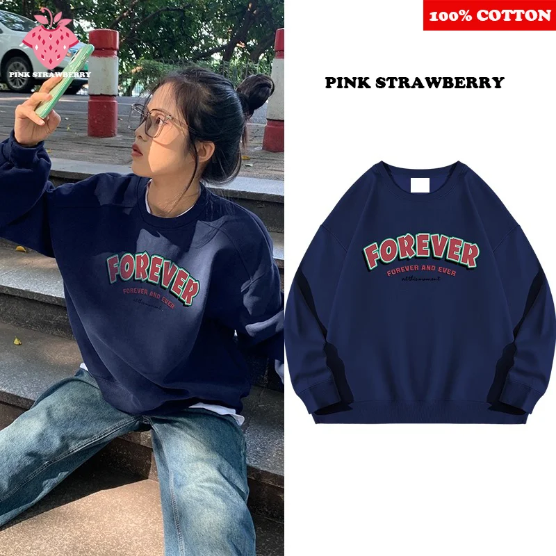

Navy Blue Letter Print Plush Sweatshirt Women Autumn Winter 2025 New Oversize O-Neck Hoodie Pullover Y2K Tops Ladies clothing