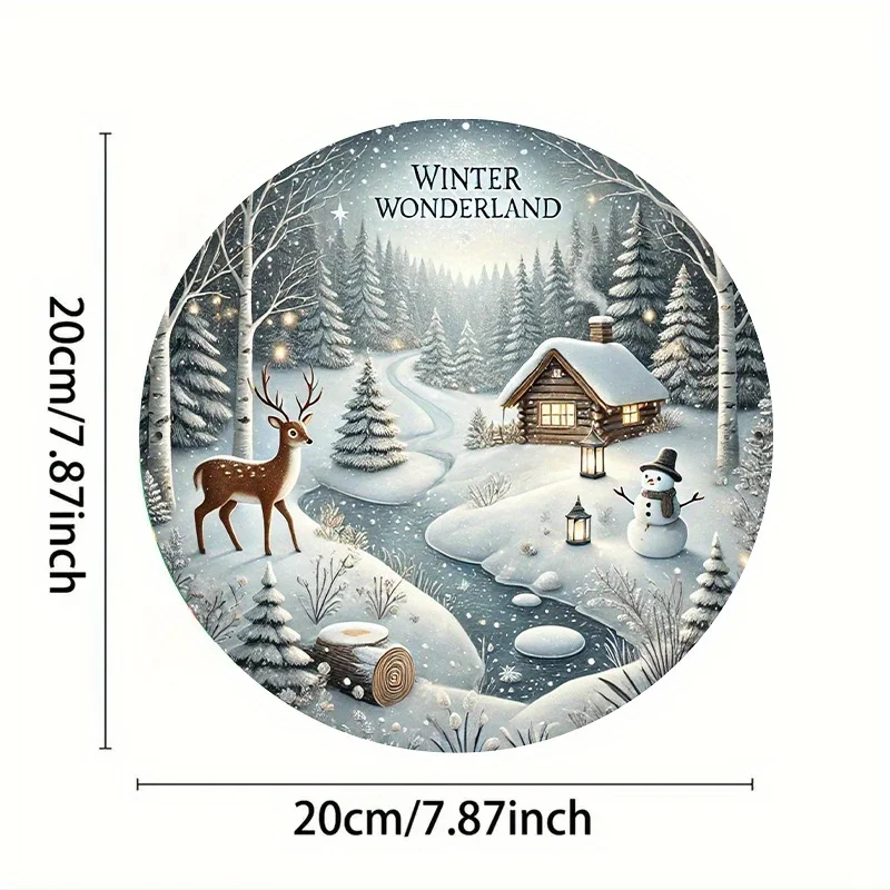 A Metal Christmas Sign Featuring a Snowy Scene with Deer And a Cabin Design - a Round Holiday Wall Art Piece for Festive Decorat