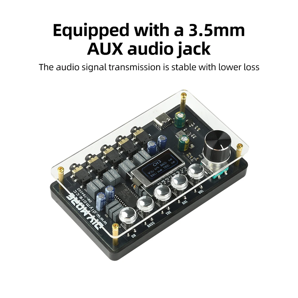 DM-TB4C02 AUX-3.5mm Audio Switcher DC 5V with Tone Adjustment 4 in 1 Audio Selector for PC TV Game Console Mobile Phone MP3