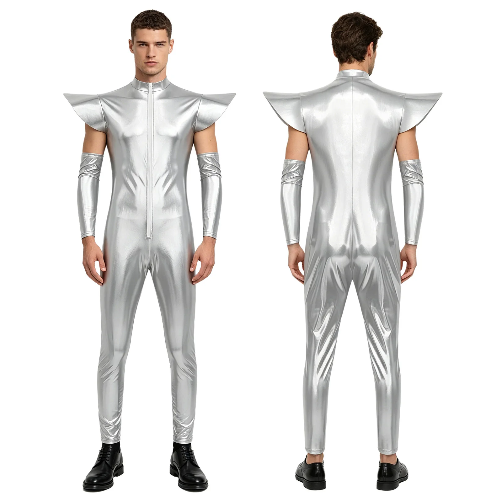 Men Metallic Shiny Alien Robot Astronaut Space Cadet Cosplay Jumpsuit with Sleeves Rave Clubwear Halloween Theme Party Costume