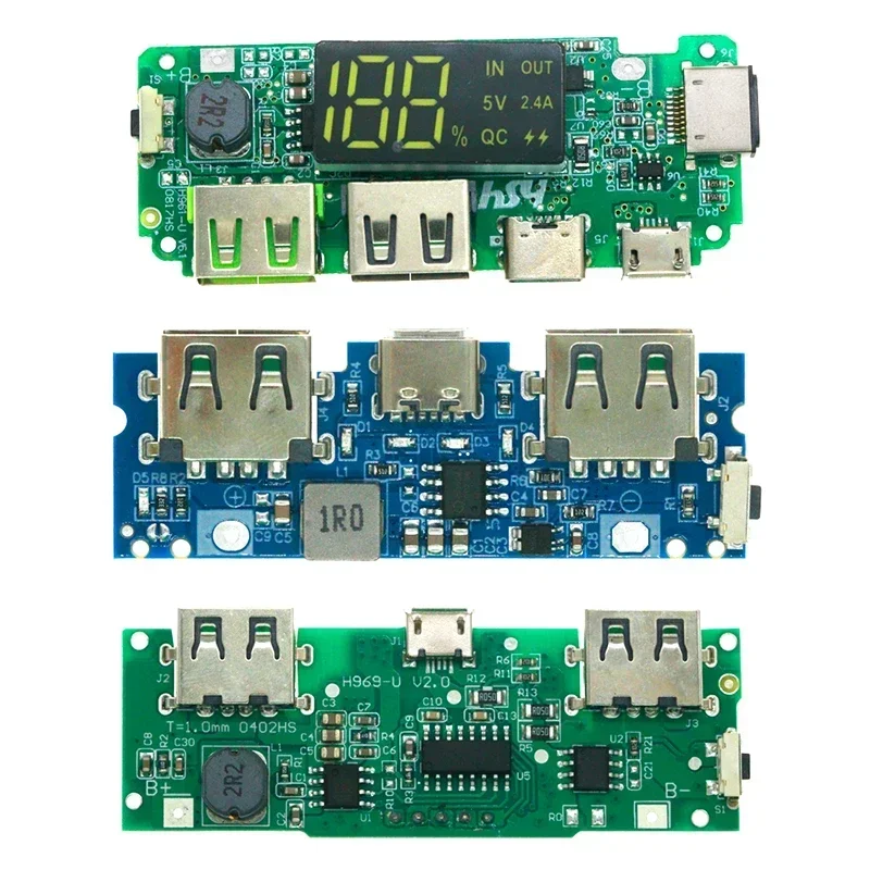 Proteção de circuito da placa do carregador da bateria do lítio, banco móvel do poder, LED, USB duplo, micro, tipo-C, 18650, 5V, 2.4A