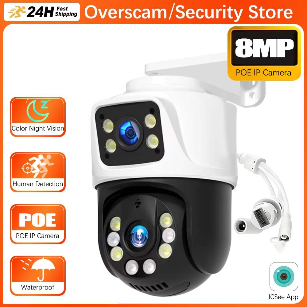 

IP-камера видеонаблюдения ICSee 8MP 4K PTZ Wi-Fi + PoE RJ45 с двумя объективами, двумя экранами, функцией обнаружения человека, беспроводная, уличная
