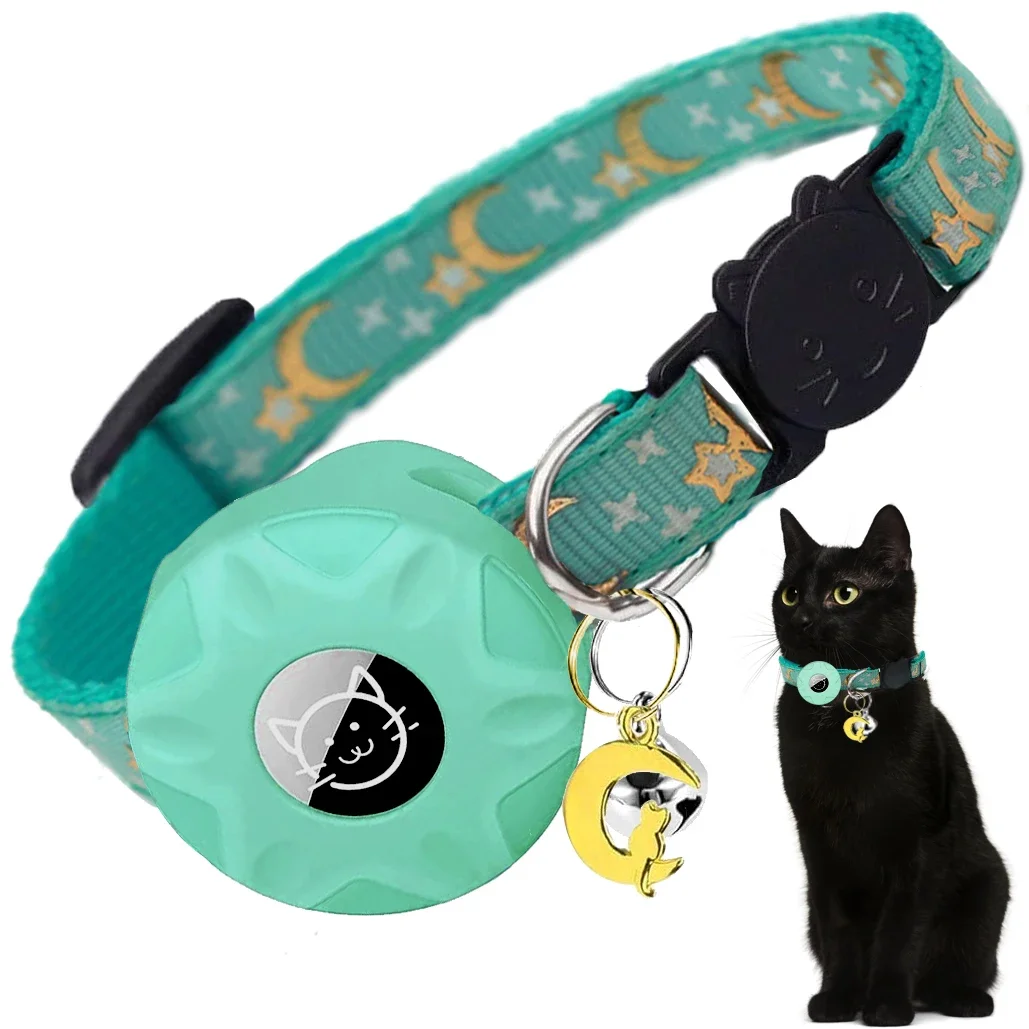 Apple Tag Pet Collar with AirTag Holder & Moon Ornament for Kitten Collar Girl Boy Cats, Small Dog Collar Kitten Accessories