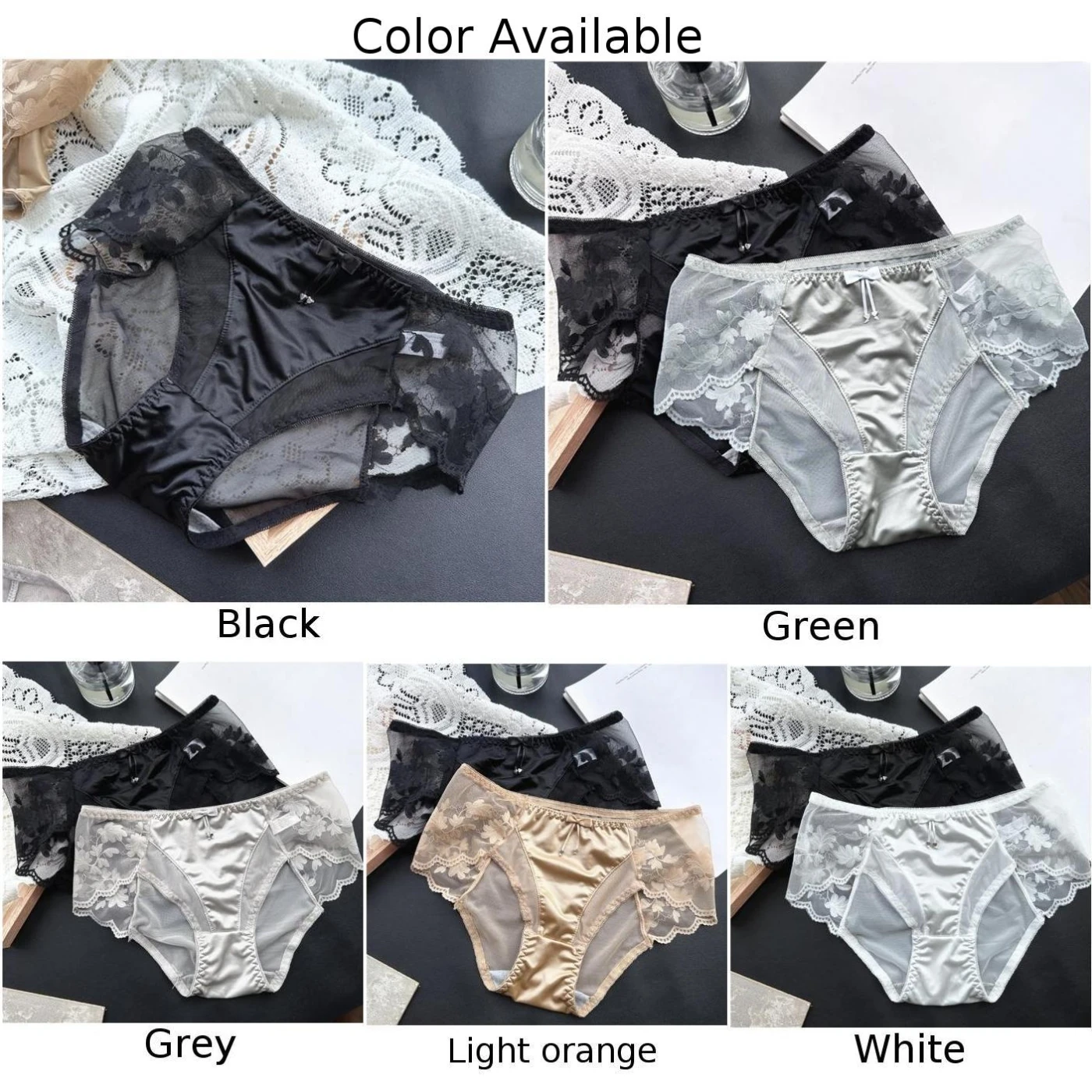 1pc Women's Sheer Lace Sexy Low Waist Panties Satin Seamless Bikini Briefs Underwear Ladies Girl Knickers Underpants