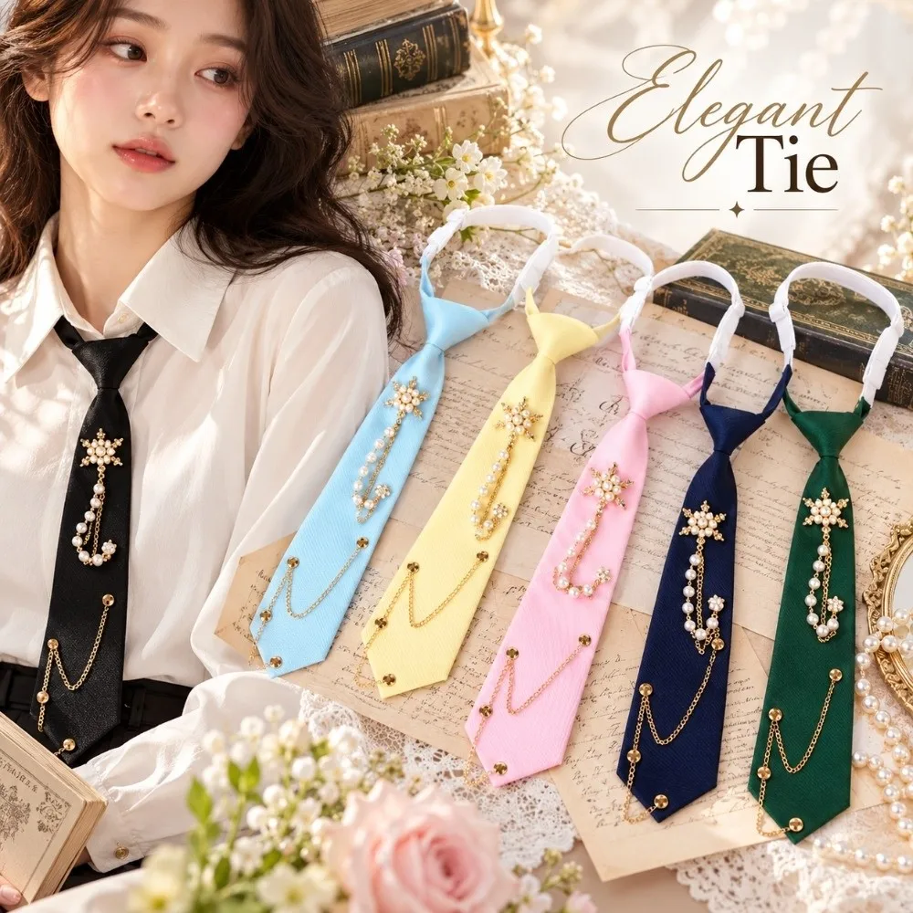 Lightweight Pre-tied Necktie No Knot Chain Decor JK Academy Style Necktie Floral Accent Pre-tied Chain Necktie Daily Commuting