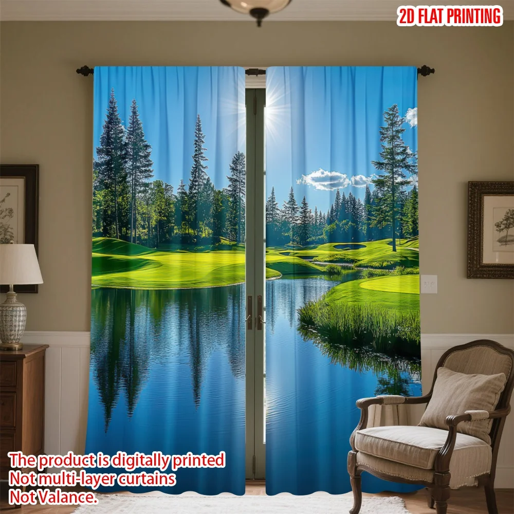 

2D flat printing 2pcs Window Curtains Sunny Lakeside Golf Course Digital Printed Polyester Drapes Party Decorations for Holiday