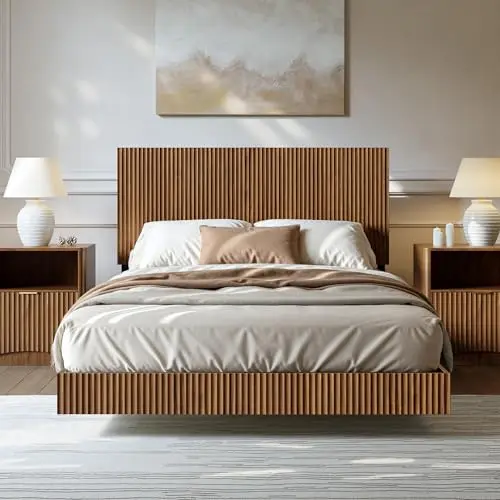 Walnut Full Floating Bed Frame with Headboard | Mid Century Modern Fluted Platform Bed with LED Lights, Heavy Duty