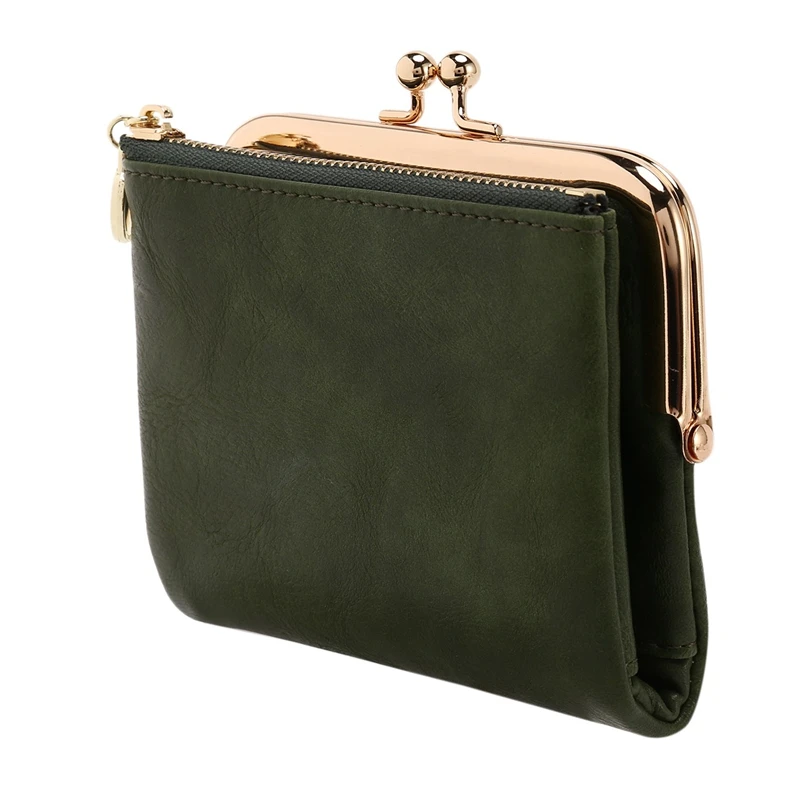 NEW-Women's Short Wallet Bifold Retro Multifunction Coin Purse With Zip And Kiss Lock