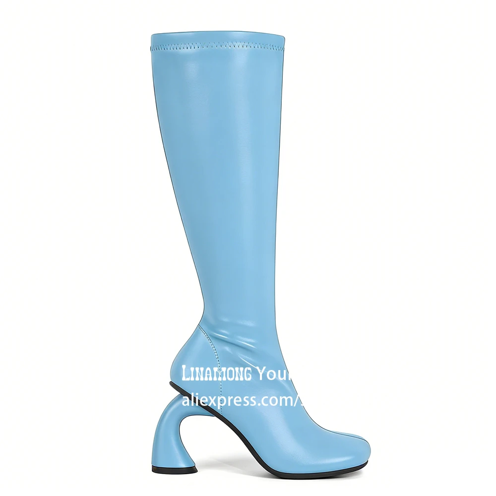 

Chunky Curved Heel Knee High Boots Square Toe Novelty Designer Style Handmade Women Boots Customizable Multi Color Knee Boots