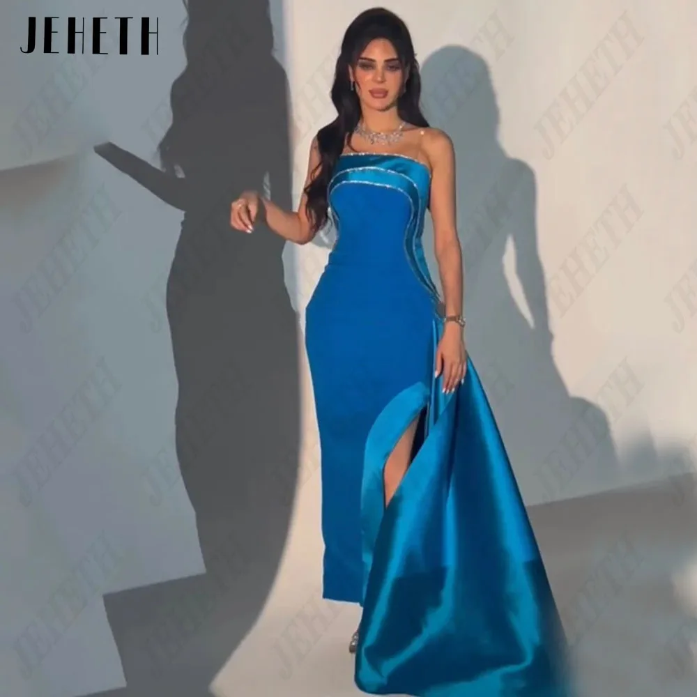 JEHETH Luxury Evening Dresses Strapless Sleeveless Cocktail Gowns Side Split Prom Dresses Saudi Arabia Women\'s Formal Dress