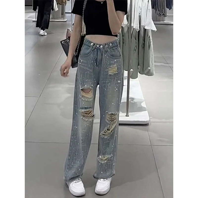 Spring Summer Elastic Waist Streetwear Diamons Holes Wide Leg Jeans Female Loose Casual Harajuku Y2K All-match Denim Pants Women